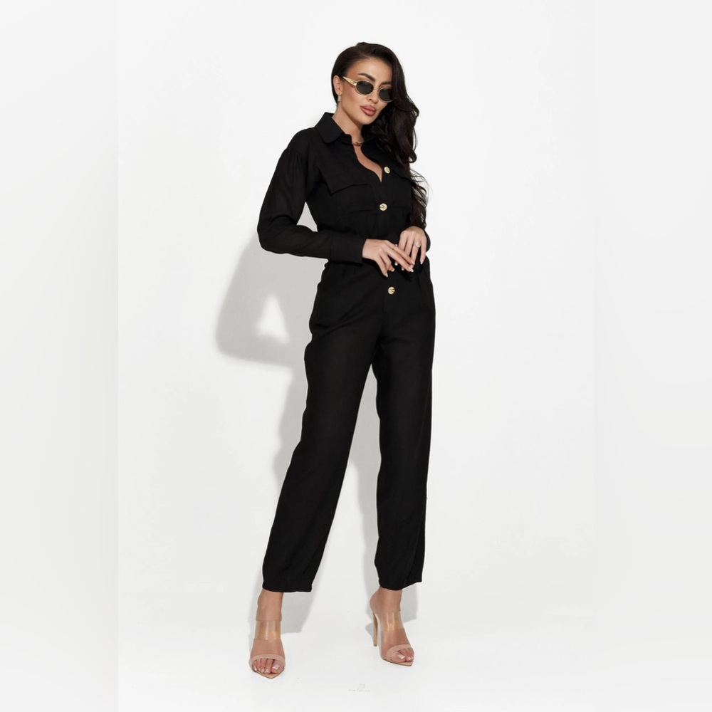 NEW ASTR the label womens S Small black solid lyocell linen jumpsuit NWT